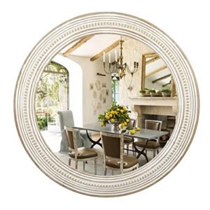 Reflinto 24" Round Decorative Wall Hanging Mirror, Rustic Distressed Natural Wooden Farmhouse Frame Decor with White Wash Beads line for Bedroom, Bathroom, Living Room or Entryway