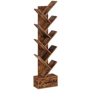 Rolanstar Tree Bookshelf with Wooden Drawer, 8 Shelf Free Standing Bookcase, Tall Display Standing Shelf for Books CDs Plants,Utility Organizer Shelves for Living Room, Bedroom, Rustic Brown
