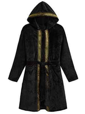 Romwe Men's Hooded Fleece Robe Greek Tape Panel Belted Bathrobe Spa Sleepwear Black M