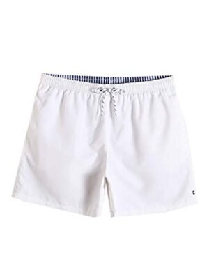 Romwe Men's Quick Dry Swim Trunks Drawstring Waist Beach Shorts with Pocket and Mesh Lining White L