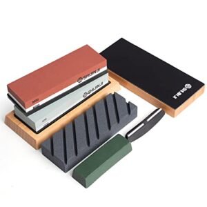 Shijinji Knife Sharpening Stone Set, Whetstone Kit 2 Side Grit 400/1000-3000/8000 with NonSlip Bamboo Base Leather Straps Leather Honing Strop and Angle Guide Whetstone Knife Sharpener