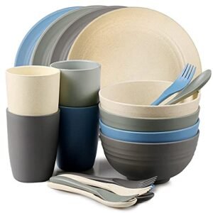 shopwithgreen Wheat Plastic Dinnerware Sets - Camp Dishes, College Dorm Dinnerware, Lightweight Unbreakable Children Tableware Set - Microwave Dishwasher Safe Plates, Bowls, Cups, Utensils Included