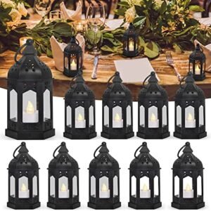 SHYMERY Mini Lantern with Flickering LED Candles,Vintage Black Decorative Hanging Candle Lanterns for Halloween,Wedding Decorations,Christmas,Table Centerpiece,Battery Included（Set of 6）