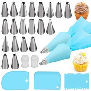 Silicone Icing Piping Bag,Reusable Cream Pastry Bag and 20× Stainless Steel Nozzle Set DIY Cake Decorating Tool(20×Nozzle, 2×Icing Cream Pastry Bag and 2 X Converter and 3×Scraper) [Energy Class A+]