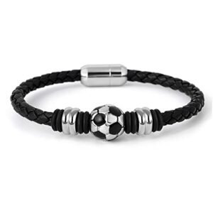Soccer Bracelet Genuine Braided Leather Football Magnetic Clasp Wristband Bracelets Gift for Team Girl Boy Soccer Fans