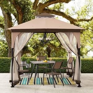 Sunjoy 9.5 ft. x 9.5 ft. Gazebo with 2-Tier Canopy Roof, Steel Frame Soft top Gazebo with Ceiling Hook and Mosquito Netting, Tan and Brown