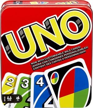 UNO Family Card Game, with 112 Cards in a Sturdy Storage Tin, Travel-Friendly, Makes a Great Gift for 7 Year Olds and Up​ [Amazon Exclusive]
