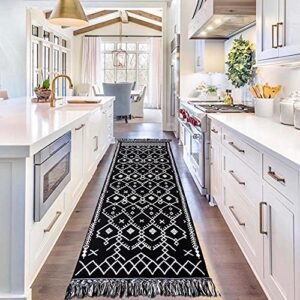 Upgraded Boho Runner Rug 2'x8', Hallway Runner Bohemian Black White, 100% Woven Cotton Washable Rug Runner for Home Decor, Tassel Rug for Kitchen/Laundry Room/Entryway/Bedroom