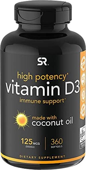 Vitamin D3 5000iu (125mcg) with Coconut Oil ~ High Potency Vitamin D for Immune & Bone Support ~ Non-GMO Verified, Gluten & Soy Free (360 Mini-Liquid Softgels)
