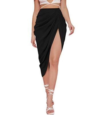 WDIRARA Women's Split Front High Waist Ruched Zip Back Bodycon Midi Skirt Black M