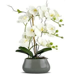 White Orchid Artificial Flowers with Gray Vase Large Silk Faux Phalaenopsis Flowers for Dining Room Table Floral Centerpieces Indoor Decoration