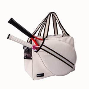 White PU Leather Women Large Sports Handbag Tennis Racket Shoulder Bag Tennis Tote Bag with Front Pocket for Tennis Racket, Pickleball Paddles, Padel Rackets, Badminton Racquet