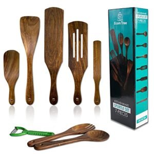 Wooden Spurtle Set [7 Pack], Gift 1 Vegetable Peeler, Acacia Wood Cooking Utensils Spoon Set, Heat Resistant Spatula, Non-Stick Spurtles Kitchen Tools for Cooking, Serving, Mixing, Stirring