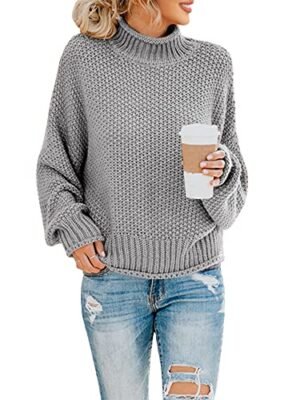Ybenlow Fall Sweaters for Women Casual Long Sleeve Turtleneck Chunky Knit Pullover Sweater Jumper Tops (Small, Grey)