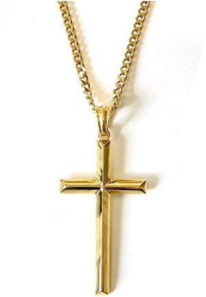 24K Gold Chain Style Cross Pendant Necklace Solid Clasp for MEN, HUSBAND 24ct Plated Thin for Charms Miami Cuban Link Diamond Cut Religious Beveled Edge (26)