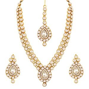 Aheli Indian Wedding Wear Faux Stone Necklace with Maang Tikka Set Elegant Ethnic Jewelry for Women