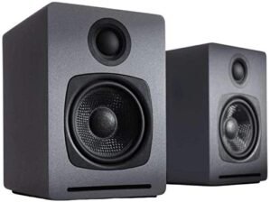 Audioengine A1 Home Music System | Powered aptX Bluetooth Stereo Speakers for Bookshelf | Wired or Wireless Connection, AUX Input for Computer, Turntable, TV, Subwoofer Connection (Pair, Grey)
