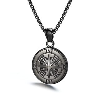 Compass Necklace for Men Chain Stainless Steel Compass Pendants Male Jewelry (Black-Compass-21.6in Chain)