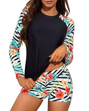 Daci Women Flower Prints Two Piece Rash Guard Long Sleeve Swimsuits UV UPF 50+ Swim Shirt Bathing Suit with Boyshort Bottom M