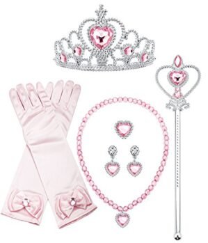 Finrezio Aurora Dress Up Princess Cosplay Set Girls Costume Party Favor Jewelry Set Gloves Crown Wand Necklace Earrings Ring Kids Little Girls (C:Pink)