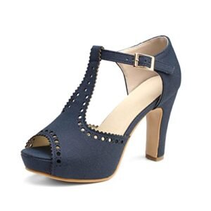 Getmorebeauty Women's Navy Vintage Suede Ankle T Straps Dress Block Heeled Sandals Pumps (US 8, Navy)