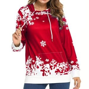 LOTUCY Christmas Women Sweatshirt Casual Hoodie Jumper Graphics Loose Snowflake Print Pocket Pullover Long Sleeve Sweater Xmas Holiday Funny tops (Red, XL)