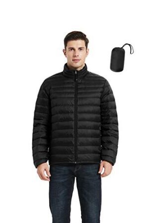 Men's Packable Down Jacket, Lightweight Puffer Warm Coat for Travel Hiking (Black, L)