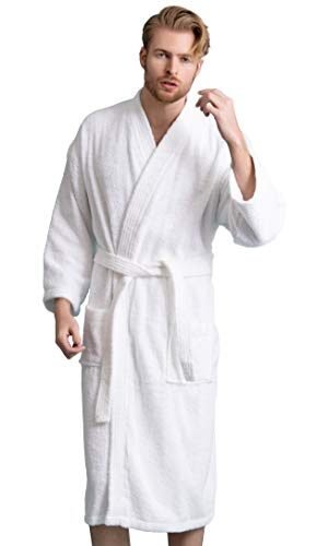 Men's Robe, Turkish Terry Bathrobe, 100% Cotton Kimono Spa Bathrobe (Large, White)