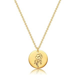 Mevecco Birth Flower Necklace 18k Gold Engraved Custom Floral Pendant Necklaces Dainty Birth Month Flower Disc Charm Poppy Flower Disk Necklace Personalized Jewelry Birthday Gift for Her