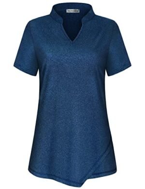 MISS FORTUNE Womens Athletic Polo Shirts, Dry Fit Shirts Women Short Sleeve Yoga Tops Slim Fit Cooling Ladies Workout Clothing T-Shirt Golf Tennis Sport Wear,Dark Blue Large