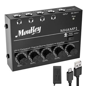 Moukey Headphone Amp Amplifier 4 Channels Metal Stereo Audio Amplifier,Mini Headphone amplifier portable - 4x Quarter Inch Balanced TRS Headphone Output and TRS Audio Input, DC5V Power Supply-MHAMP1