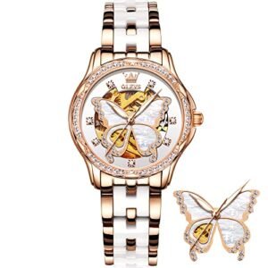 OLEVS Women's Watches Automatic Watch for Ladies Self Winding Watches Women Elegant Waterproof Ceramic Watch Rose Gold Skeleton Watches White Mechanical Butterfly Womens Watches