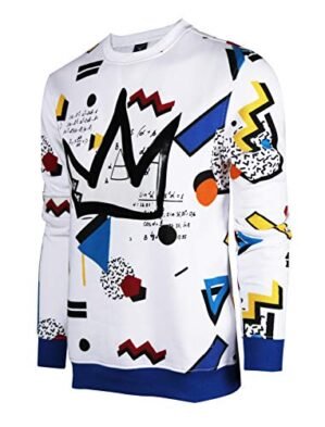 SCREENSHOTBRAND-F11963 Mens Urban Hip Hop Premium Fleece - Pullover Activewear Street Fashion Crew Neack Sweatshirt-White/Pop-Large