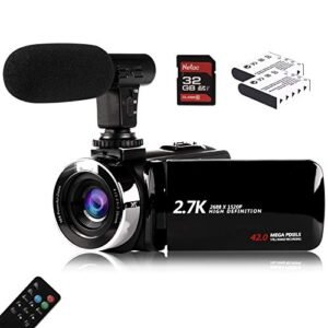 Video Camera Camcorder with Microphone, Vmotal 2.7K HD 42.0 MP 18X Digital Zoom 1080P Vlogging YouTube Recorder, 270 Degree Rotation 3.0 Inch Screen with 2 Batteries Inculde 32GB SD Card