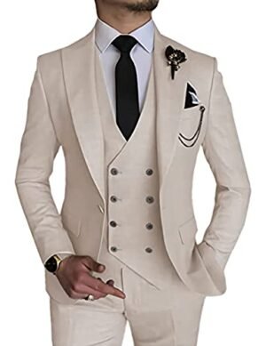 Wangyue Beige Suit for Men Slim Fit Fashion 3 Piece Summer Wedding Suits Double Breasted Vest Suit 38 Prom Suit 2022