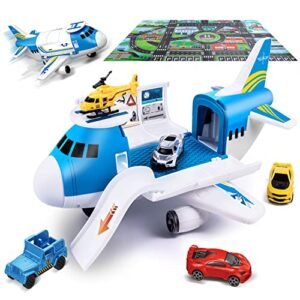 Airplane Toy with Car Toy Helicopter Set, Take Apart Toy for Play Set Boy Toddler Cargo Transport Airplane Gift Age 3 4 5 6 8 Years Old, 5 Mini Vehicles 1 Large Plane 1 Large Play Mat 21 Road Signs