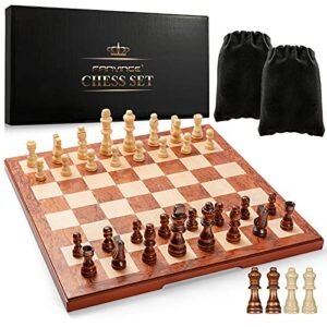Chess Set 15" Wooden Board Game - Wood Sets with 2 Storage Bags and 2 Extra Queens - Gifts Box for Men Dad