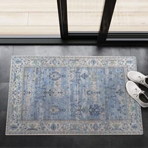 Adiva Rugs Machine Washable Area Rug with Non Slip Backing for Living Room, Bedroom, Bathroom, Kitchen, Printed Persian Vintage Home Decor, Floor Decoration Carpet Mat (Blue, 2' x 3')