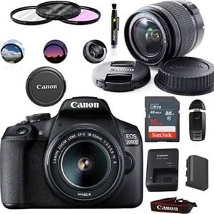 Canon EOS 2000D (Rebel T7) Digital SLR Camera with 18-55mm Lens Kit (Black) - Basic Accessories Bundle of Scandisk 16GB SD Card + SD Card Reader + 58mm 3pcs Filter Kit + Brush Pen (Renewed)