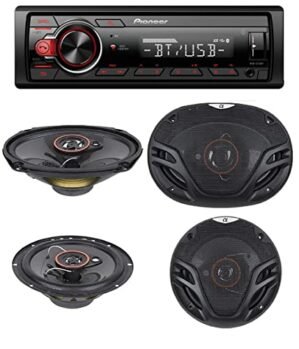 Pioneer Stereo Single DIN Bluetooth In-Dash USB MP3 Auxiliary AM/FM/Digital Media Pandora and Spotify Car Stereo Receiver with Pair of 6.5" and Pair of 6x9" Alphasonik Speakers