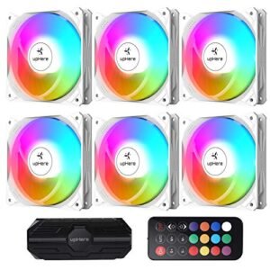 upHere 120mm RGB Case Fan,Remote Control,5V ARGB LED, Addressable Motherboard SYNC,Ultra Quiet High Airflow Computer Fans for PC Case,White,6-Pack