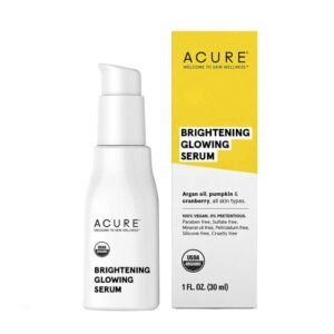 Acure Brightening Glowing Serum - Revitalize & Hydrate Face & Neck - Argan Oil, Pumpkin & Cranberry - Antioxidant Protection for All Skin Types- All Natural Hydrating Formula - 100% Vegan, 1 Fl Oz