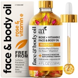 artnaturals Aceite facial orgánico de rosa + vitamina E, 4.0 onzas, para cuerpo y cabello, 100% natural, hidrata, rejuvenece y mejora tu piel, aceite facial hidratante antienvejecimiento para líneas finas, cicatrices y arrugas