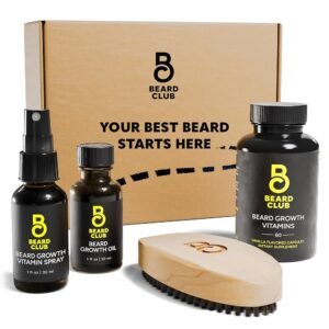 Beard Club - Kit esencial para el crecimiento de la barba, aceite de crecimiento, vitaminas para el crecimiento, spray de vitaminas para el crecimiento y cepillo para barba