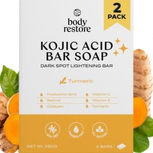 Body Restore Jabón de ácido kójico, cúrcuma, paquete de 2 unidades, con vitamina C, E, manteca de karité, colágeno, ácido hialurónico, cúrcuma, retinol para manchas oscuras, barra de jabón totalmente natural, sin parabenos