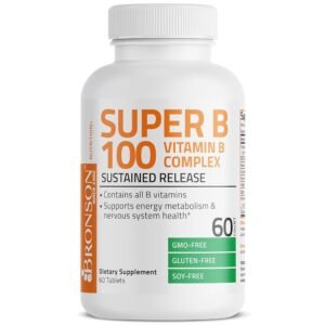 Bronson Vitamina B 100 Complejo de liberación sostenida de alta potencia (vitamina B1, B2, B3, B6, B9 - ácido fólico, B12), 60 tabletas