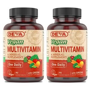 Deva Vegan Multivitamin & Mineral Supplement - Vegan Formula with Green Whole Foods, Veggies, and Herbs - High Potency - Manufactured in USA and 100% Vegan - 90 Count (Pack of 2)