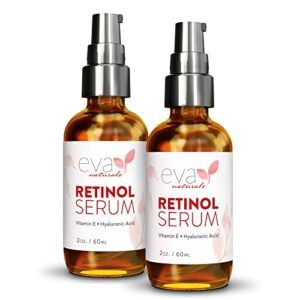 Eva Naturals Retinol Serum for Face with Hyaluronic Acid, Vitamin E & Organic Aloe - Retinol Face Serum that Reduce Wrinkles, Fine Lines & Dark Spots - Vitamin A, Anti Aging Serum (Double Sized 2oz Bottle), 2 Pack