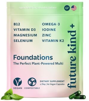 Future Kind Multivitamínico de bases sin carragenina: multivitaminas veganas para mujeres y hombres - Multivitamínico a base de plantas, omega-3, B12, D3, zinc, yodo, magnesio, K2 y selenio - Bolsa compostable