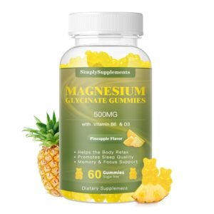 Gomitas de glicinato de magnesio de 500 mg con vitamina D3, B6, CoQ10, suplemento de complejo de magnesio masticable para relajación, apoyo al sueño y estado de ánimo, gomitas de magnesio calmantes - 60 gomitas de piña